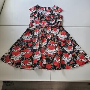 Dress Tells Dress Womens 3XL Black Red Skull Rose Fit & Flare Retro Halloween